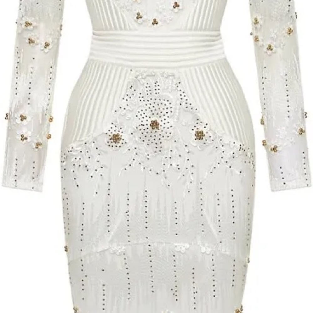 Zhivago White and Gold Embellished Long Sleeve Dress